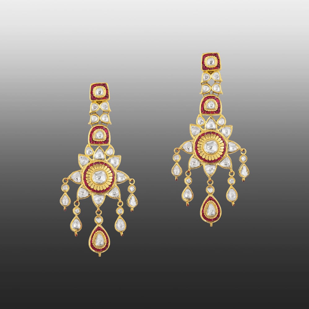 Sunburst Polki Earrings with Red Talaf & Teardrop Polkis